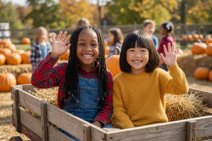 A printed candid: two smiling girls at the pumpkin patch