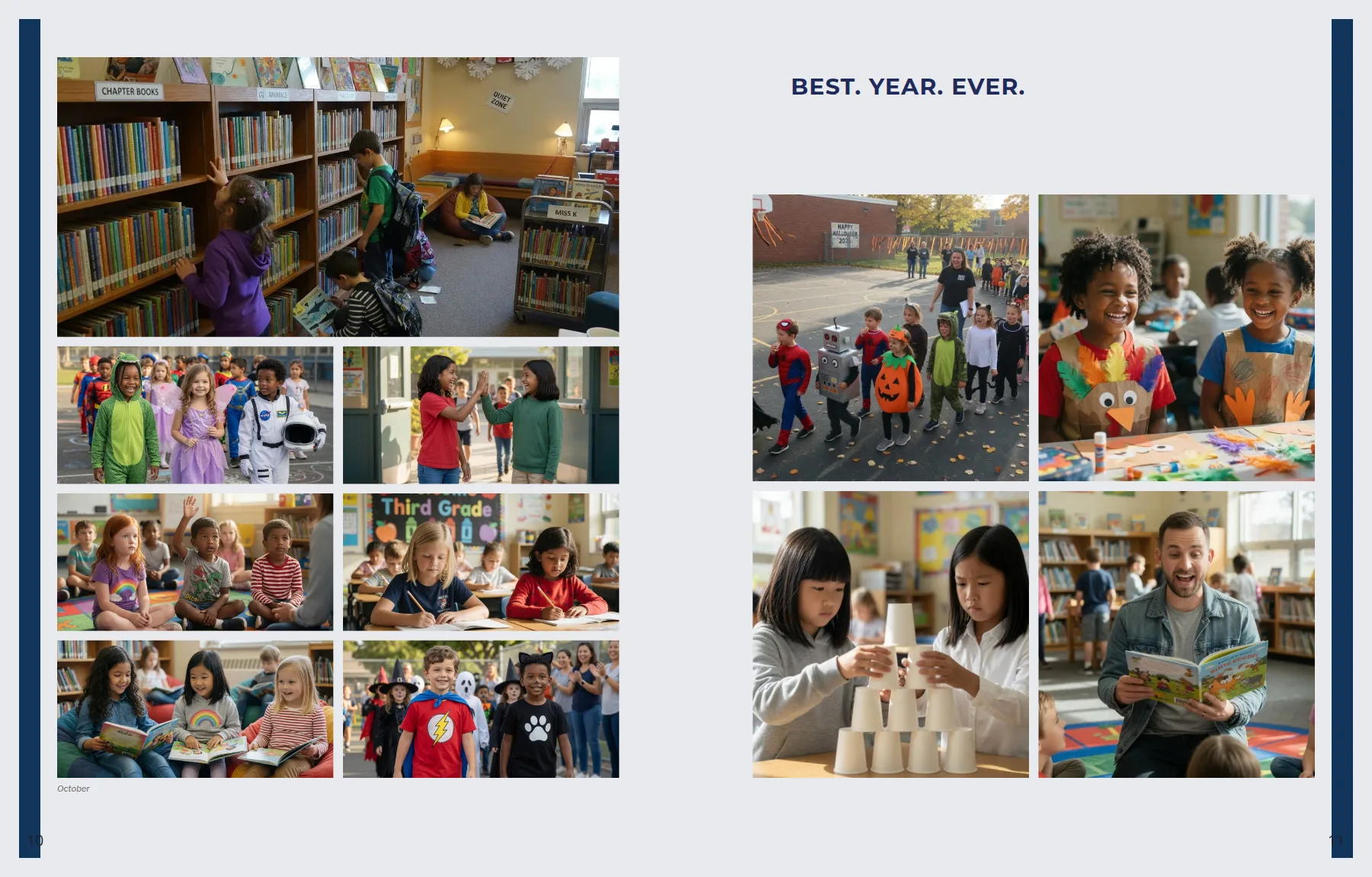 An open yearbook: a library page and Best. Year. Ever.